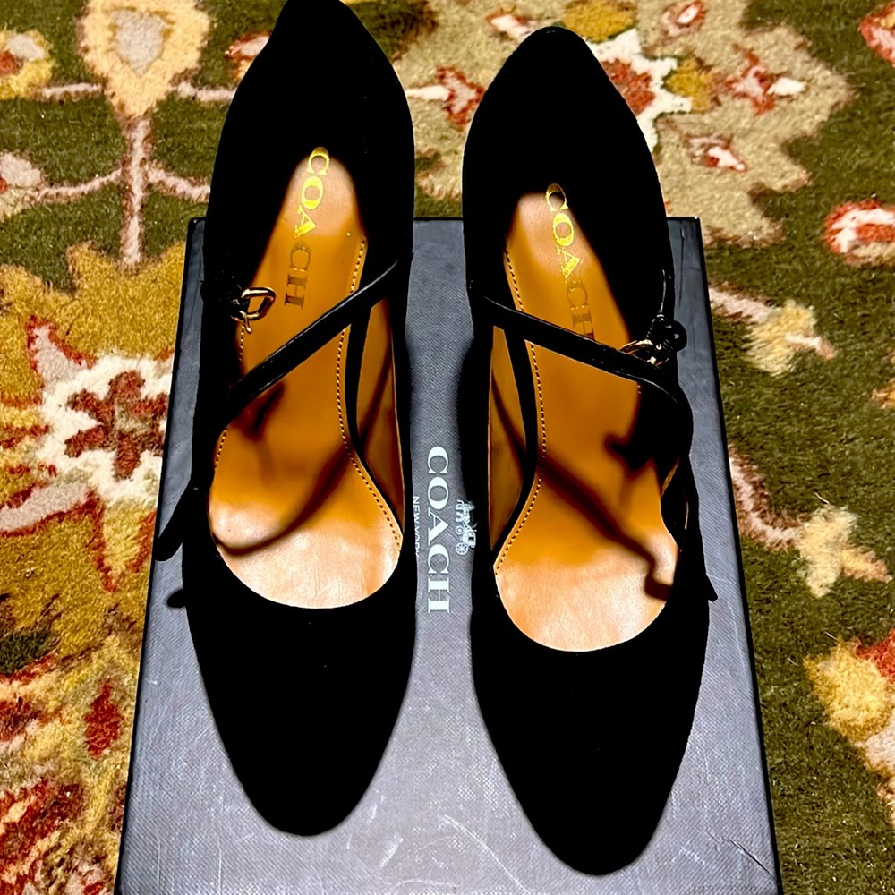 Coach black suede Mary Jane platform high block heel